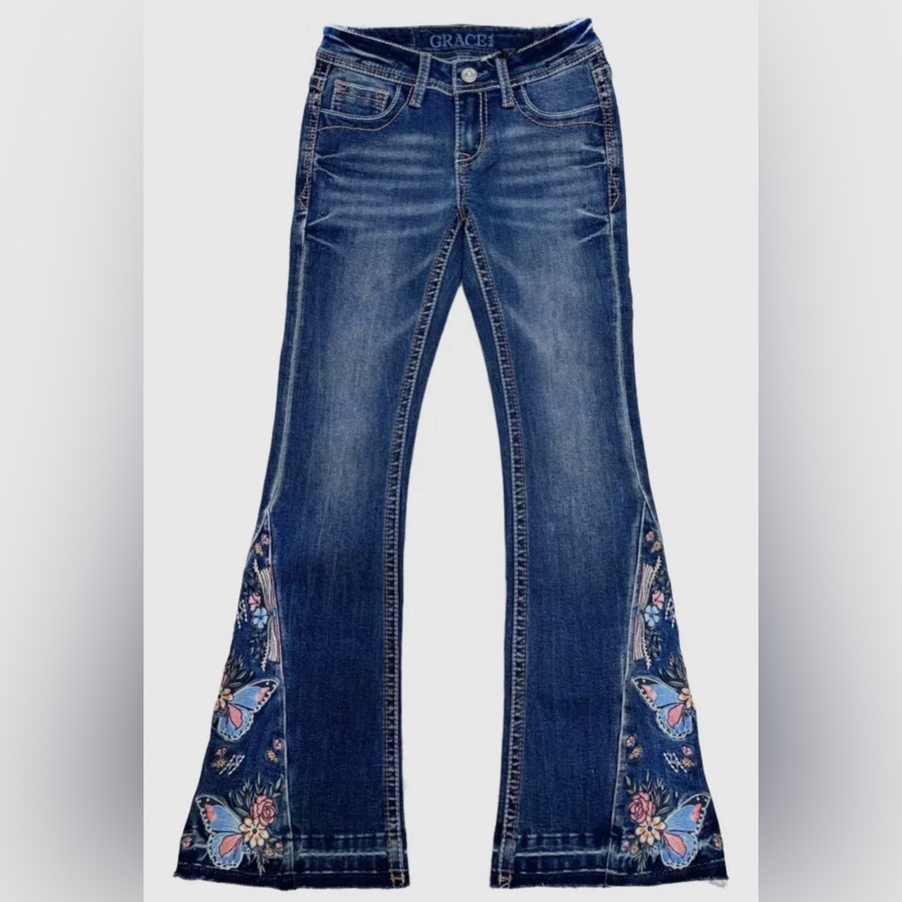 GRACE IN LA | Butterflies/floral embroidery raw hem flare jeans #GL-61881 - Picture 6 of 8